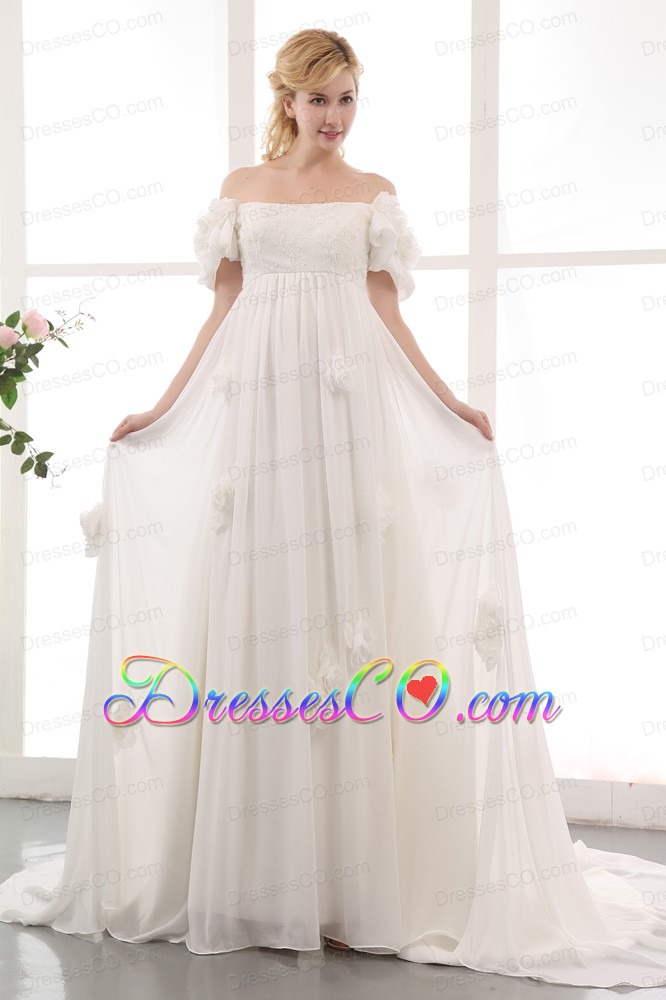 Simple Empire Off The Shoulder Chapel Train Chiffon Lace and Hand Made Flowers Maternity Wedding Dress