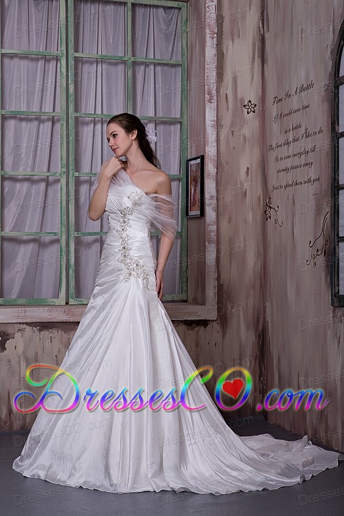 Gorgeous A-line Strapless Court Train Taffeta Appliques Wedding Dress