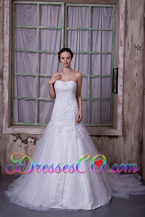 Custom Made A-line Strapless Court Train Taffeta and Tulle Appliques Wedding Dress