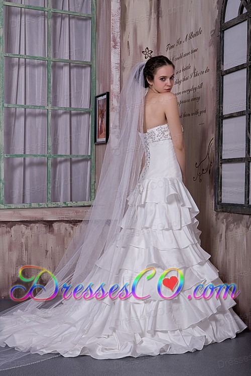 Modest A-line Strapless Brush Train Taffeta Appliques Ruffled Layers Wedding Dress