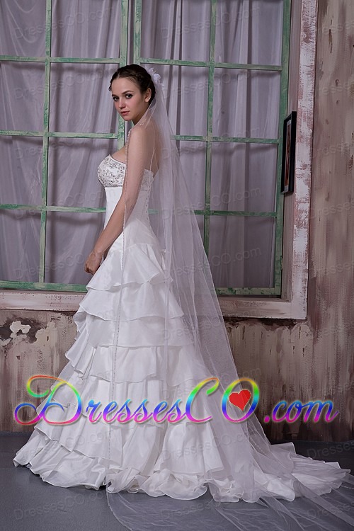Modest A-line Strapless Brush Train Taffeta Appliques Ruffled Layers Wedding Dress