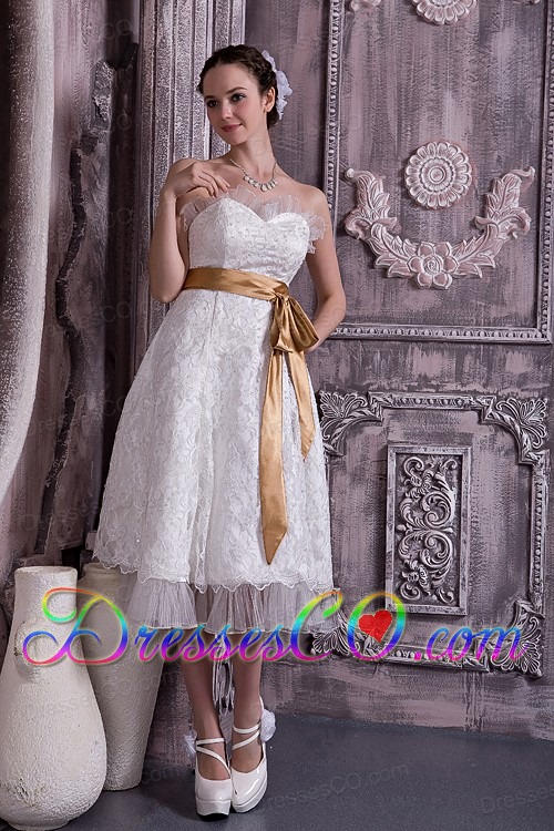 Custom Made Column / Sheath Tea-length Lace And Organza Beading Wedding Dress