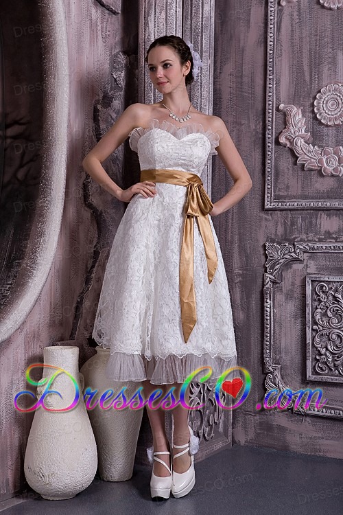 Custom Made Column / Sheath Tea-length Lace And Organza Beading Wedding Dress