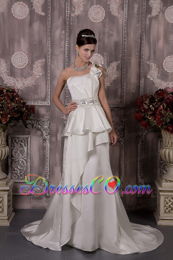 Custom Made A-line One Shoulder Brush Train Satin Beading Wedding Dress