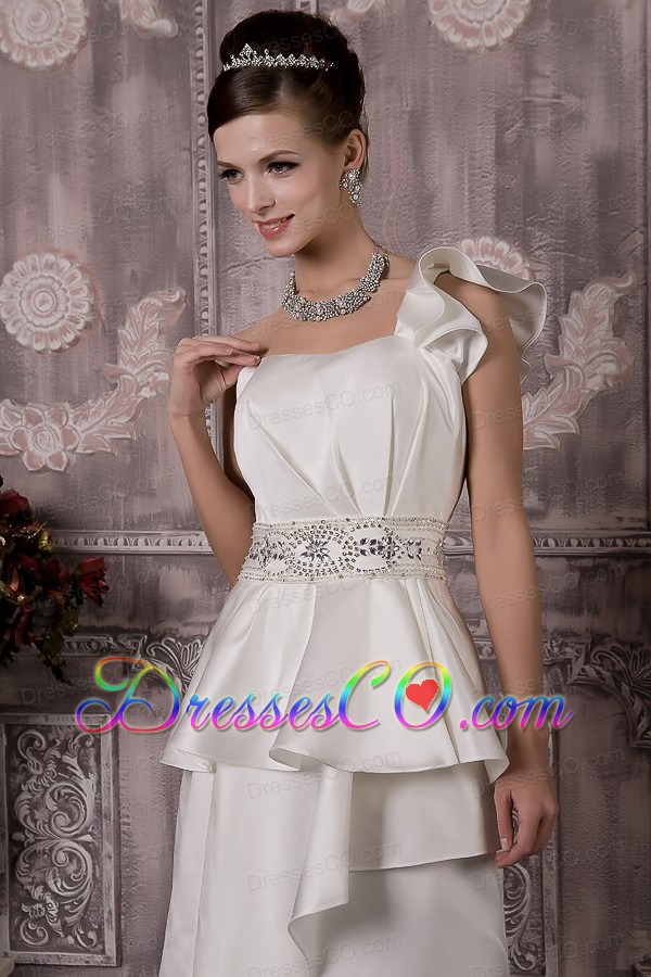Custom Made A-line One Shoulder Brush Train Satin Beading Wedding Dress