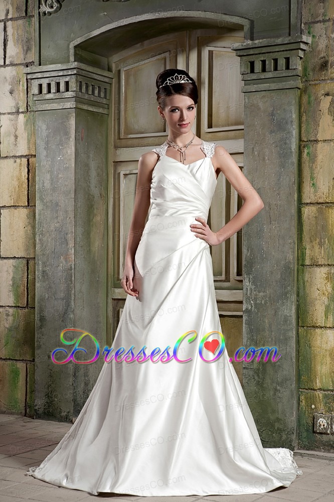 Beautiful A-line V-neck Court Train Satin Lace Wedding Dress