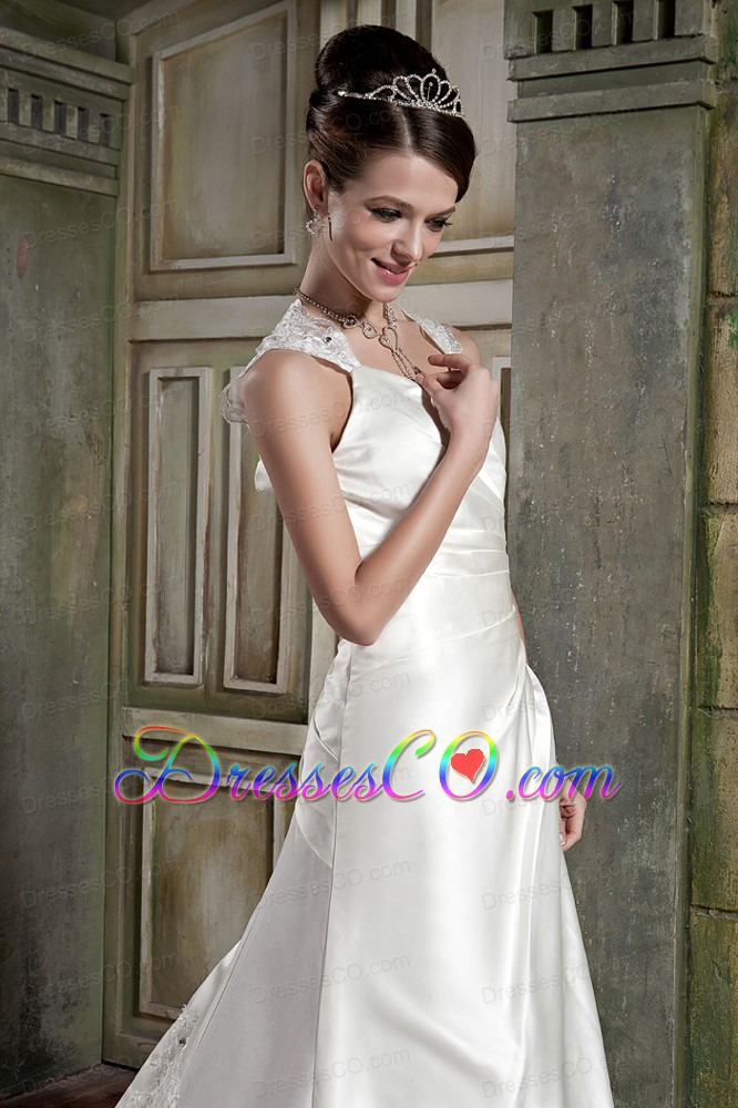 Beautiful A-line V-neck Court Train Satin Lace Wedding Dress