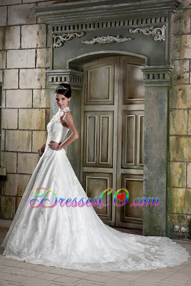 Beautiful A-line Halter Chapel Train Lace Beading Wedding Dress