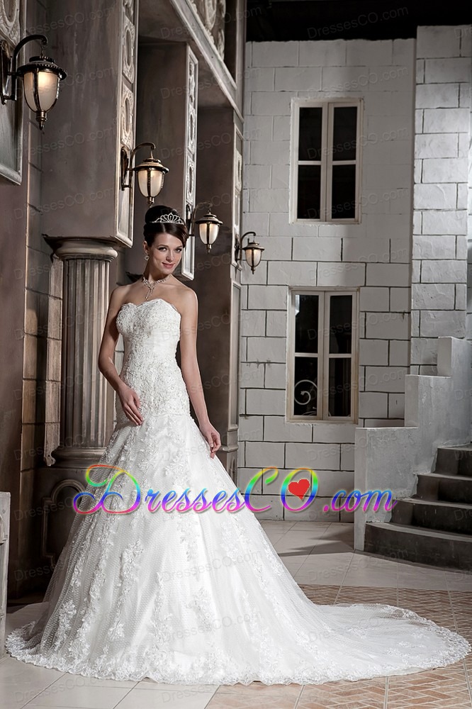 Beautiful A-line Chapel Train Lace Beading Wedding Dress