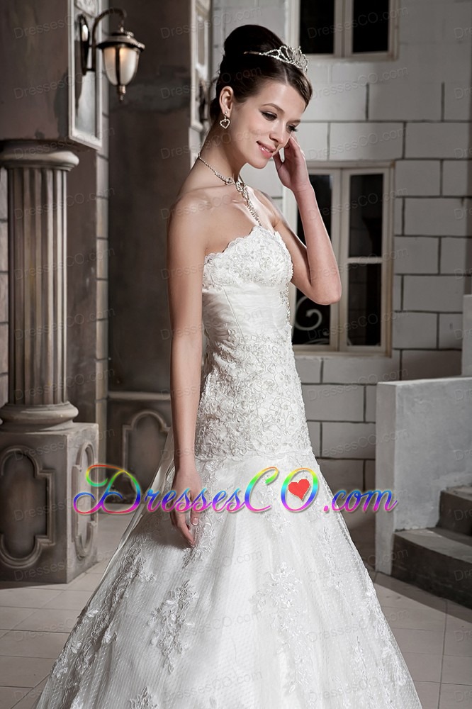 Beautiful A-line Chapel Train Lace Beading Wedding Dress