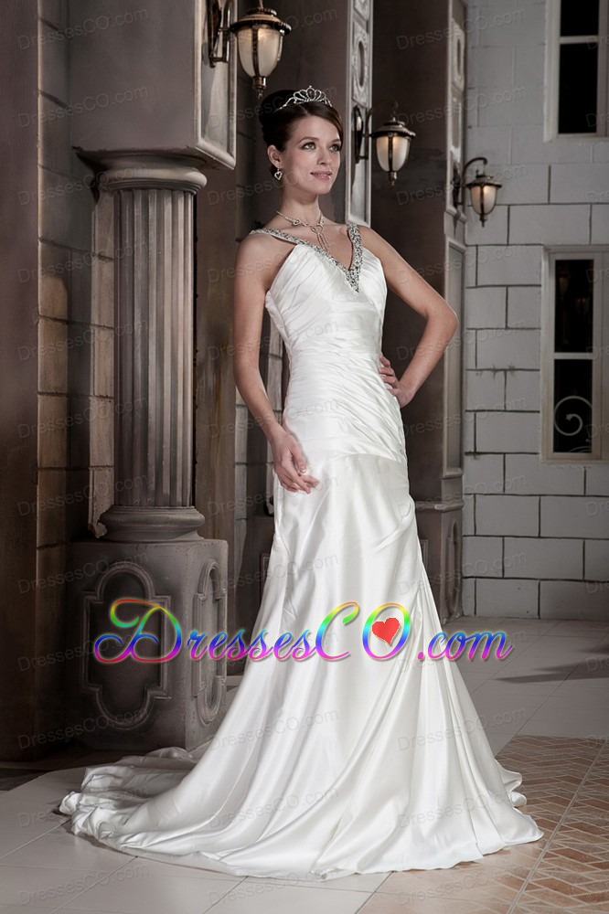 Popular A-line / Princess V-neck Brush Train Satin Beading and Ruched Wedding Dress