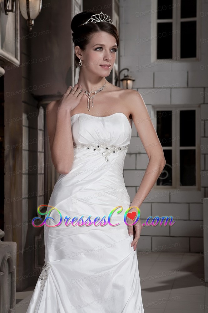 Discount Column Strapless Court Train Taffeta Ruched and Beading Wedding Dress