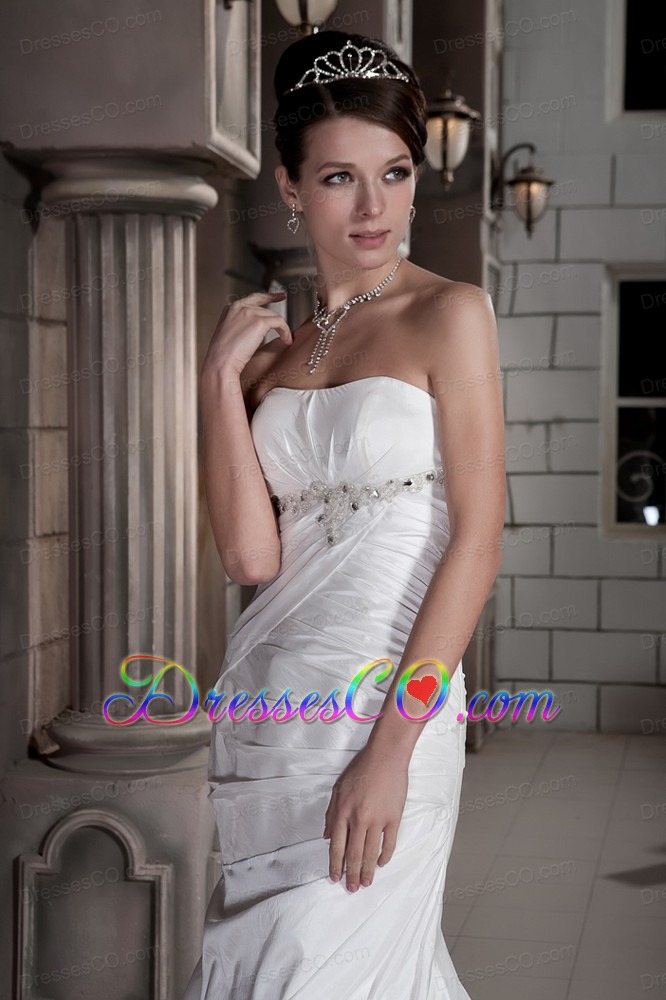 Discount Column Strapless Court Train Taffeta Ruched and Beading Wedding Dress