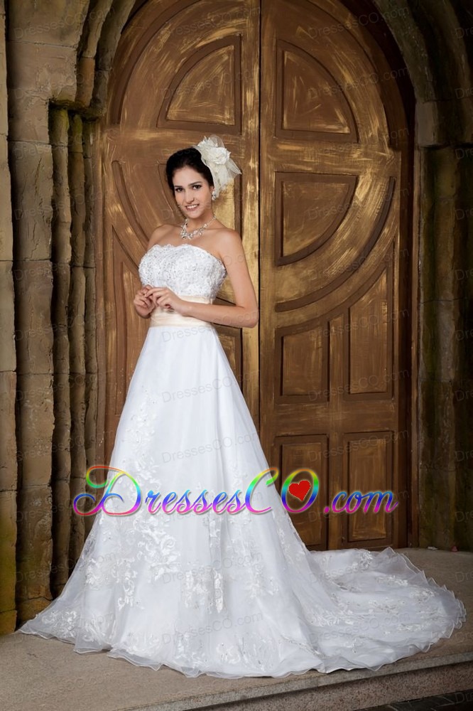 Beautiful A-line Strapless Court Train Organza Embroidery Wedding Dress