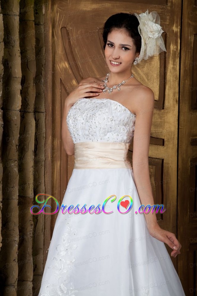 Beautiful A-line Strapless Court Train Organza Embroidery Wedding Dress