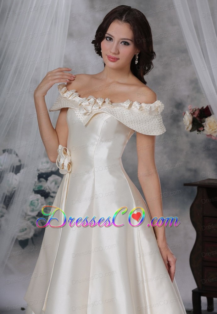 Beaded Decorate Off The Shoulder Hand Made Flower A-line Long Wedding Dress For 2013
