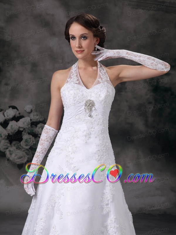 Discount A-line Halter Court Train Lace Beading Wedding Dress
