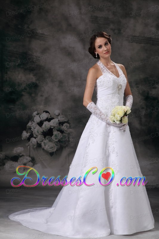Discount A-line Halter Court Train Lace Beading Wedding Dress
