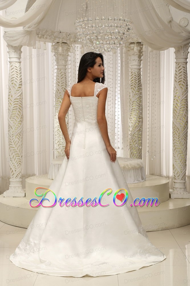Square Neck Embroidery With Beading On Satin A-line White Wedding Dress For 2013