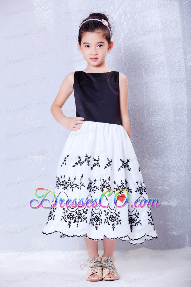 White And Black A-line Scoop Tea-length Taffeta And Organza Embroidery Flower Girl Dress