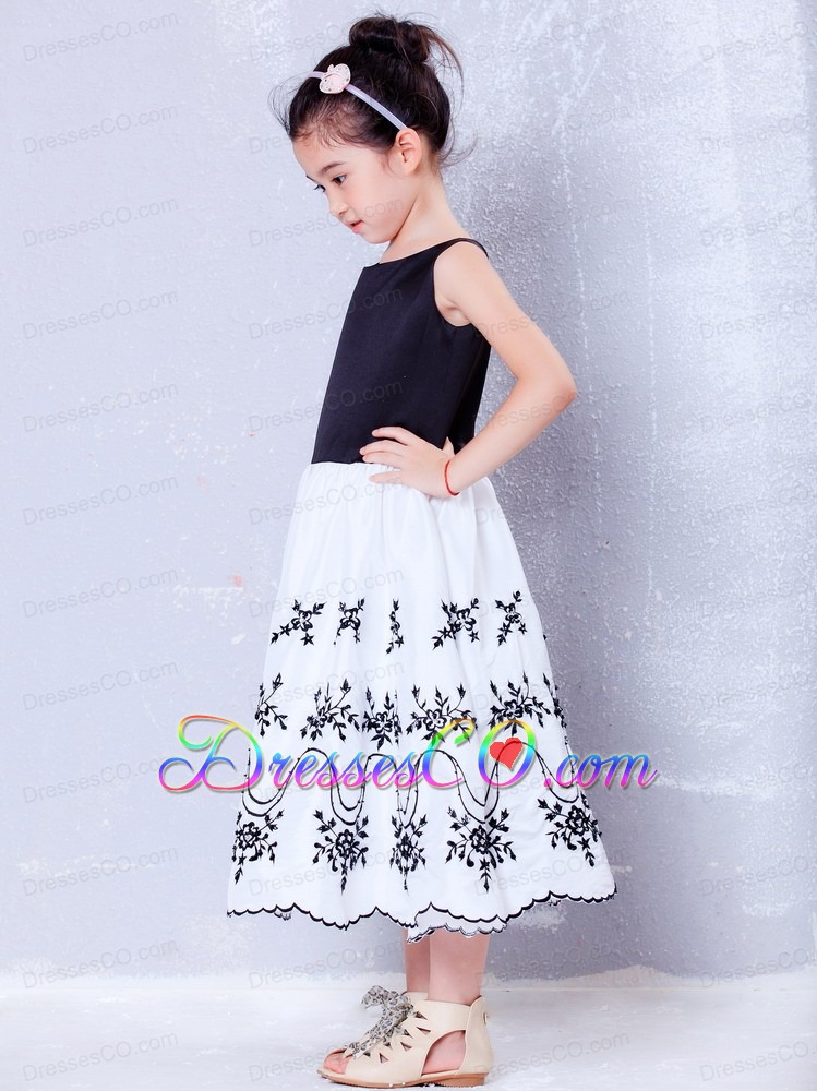 White And Black A-line Scoop Tea-length Taffeta And Organza Embroidery Flower Girl Dress