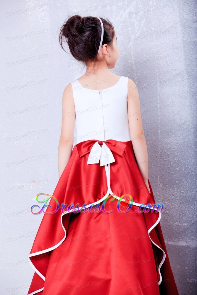 White And Red A-line Scoop Ankle-length Taffeta Embroidery Flower Girl Dress