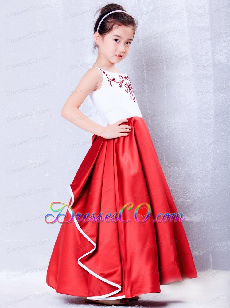 White And Red A-line Scoop Ankle-length Taffeta Embroidery Flower Girl Dress