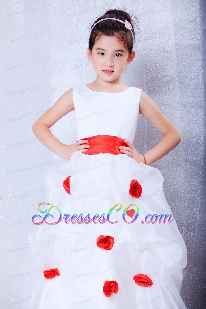 White And Red A-line Scoop Ankle-length Organza And Taffeta Hand Made Flowers Flower Girl Dress