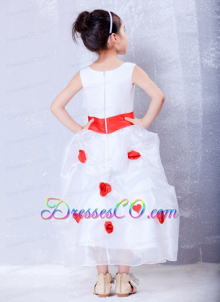 White And Red A-line Scoop Ankle-length Organza And Taffeta Hand Made Flowers Flower Girl Dress