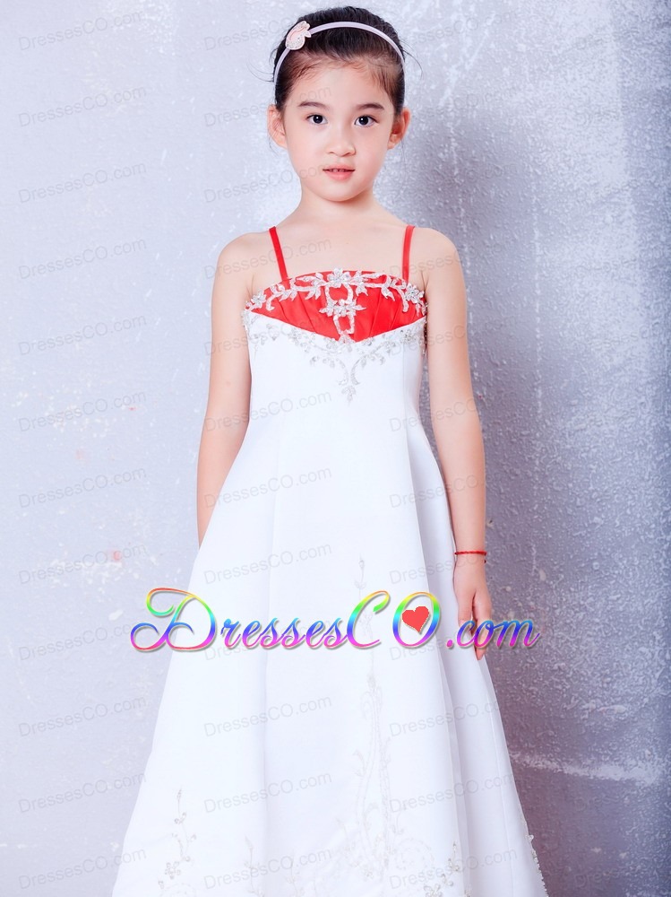White And Red A-line Straps Ankle-length Satin Embroidery Flower Girl Dress