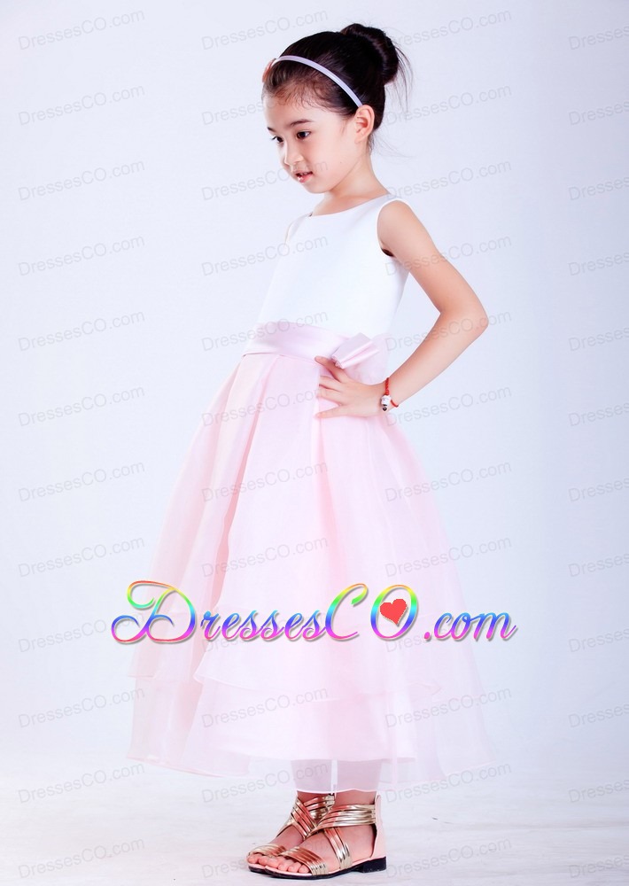 White And Pink A-line Scoop Ankle-length Taffeta And Taffeta Hand Made Flower Flower Girl Dress