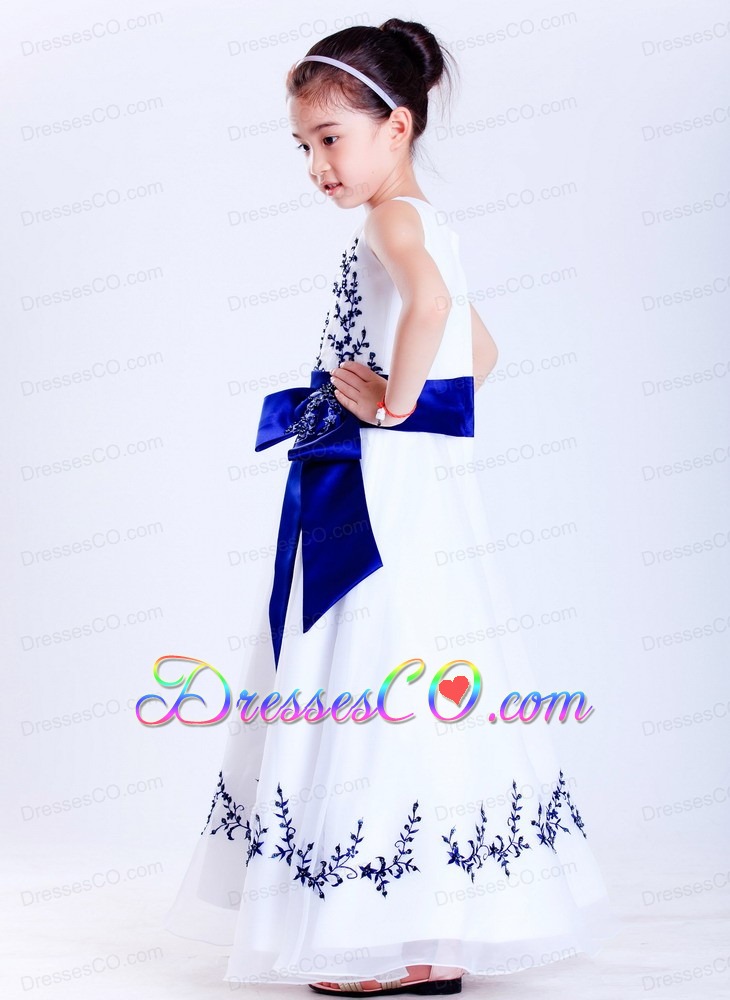 White And Blue A-line Scoop Ankle-length Satin And Organza Embroidery Flower Girl Dress