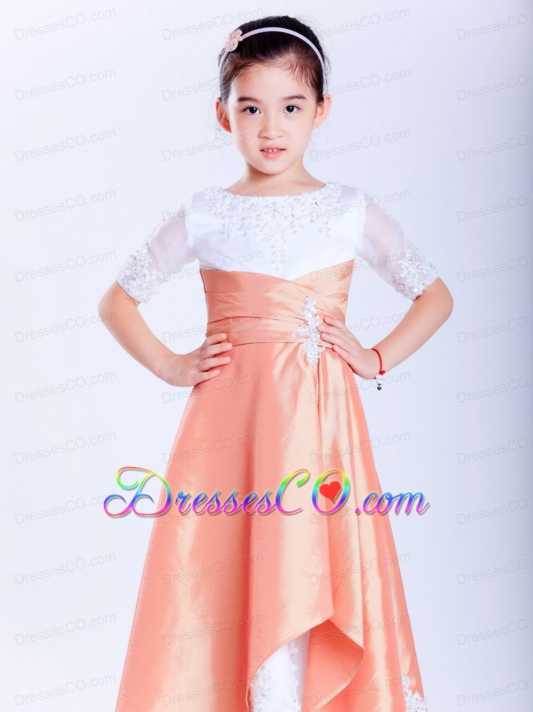 White And Orange A-line Scoop Ankle-length Taffeta And Organza Appliques Flower Girl Dress