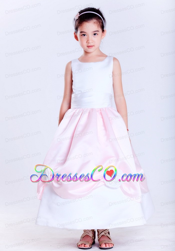 White And Pink A-line Scoop Ankle-length Taffeta Hand Made Flowers Flower Girl Dress