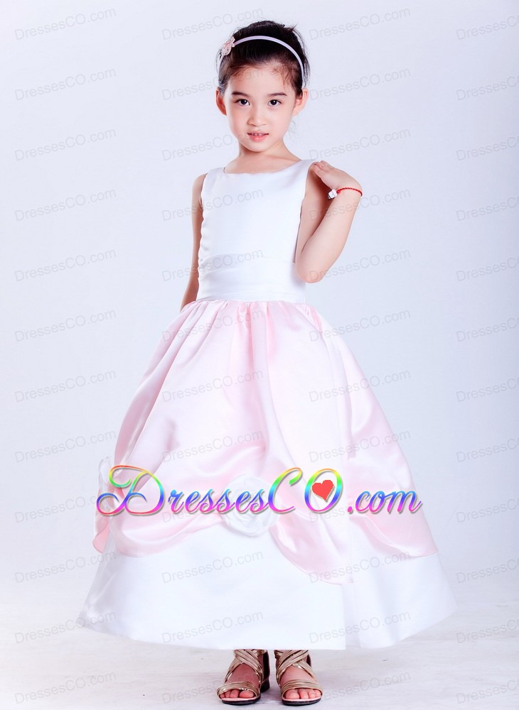 White And Pink A-line Scoop Ankle-length Taffeta Hand Made Flowers Flower Girl Dress