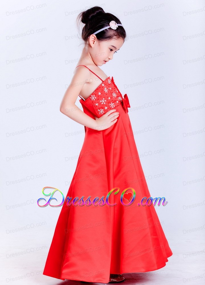 Red A-line Straps Ankle-length Taffeta Beading Flower Girl Dress