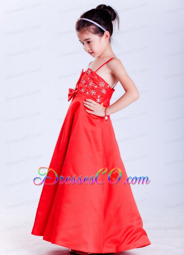 Red A-line Straps Ankle-length Taffeta Beading Flower Girl Dress