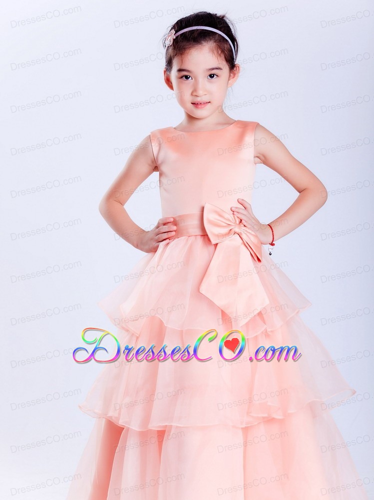 Watermelon Red A-line Scoop Ankle-length Taffeta And Organza Bow Flower Girl Dress