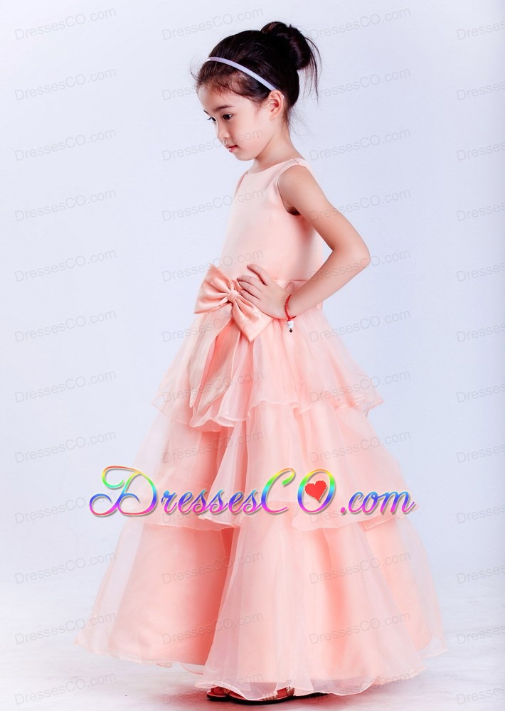 Watermelon Red A-line Scoop Ankle-length Taffeta And Organza Bow Flower Girl Dress