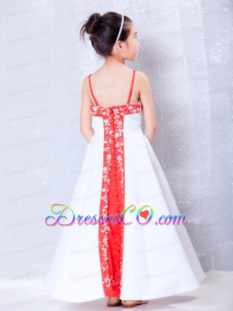 White And Red A-line Straps Ankle-length Satin Embroidery Flower Girl Dress