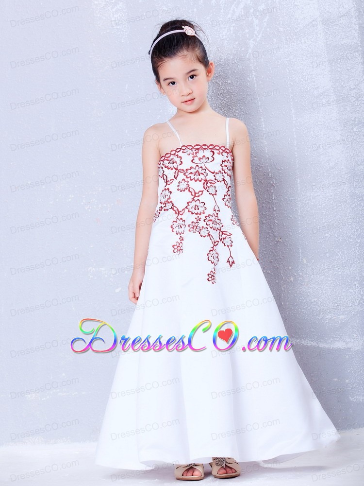White A-line Straps Ankle-length Satin Embroidery Flower Girl Dress