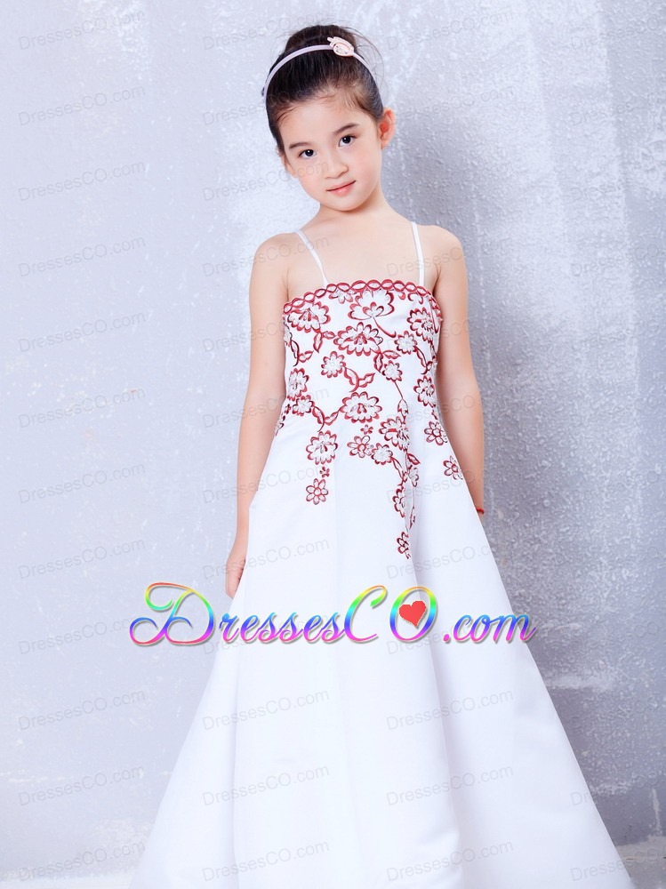 White A-line Straps Ankle-length Satin Embroidery Flower Girl Dress