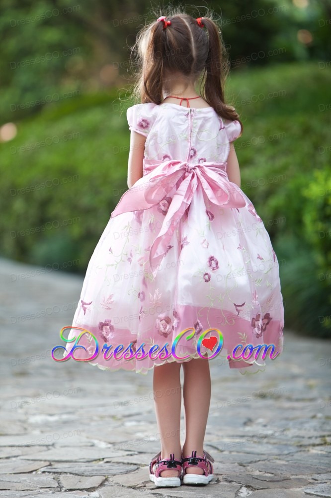 White And Pink A-line Scoop Tea-length Taffeta And Organza Hand Made Flowers Flower Girl Dress