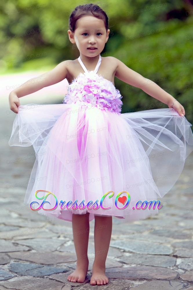 Pink A-line Halter Knee-length Tulle Hand Made Flowers Flower Girl Dress