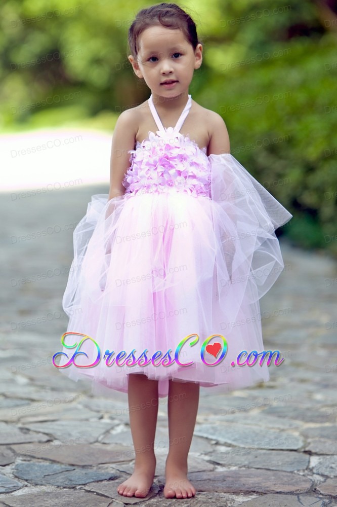 Pink A-line Halter Knee-length Tulle Hand Made Flowers Flower Girl Dress