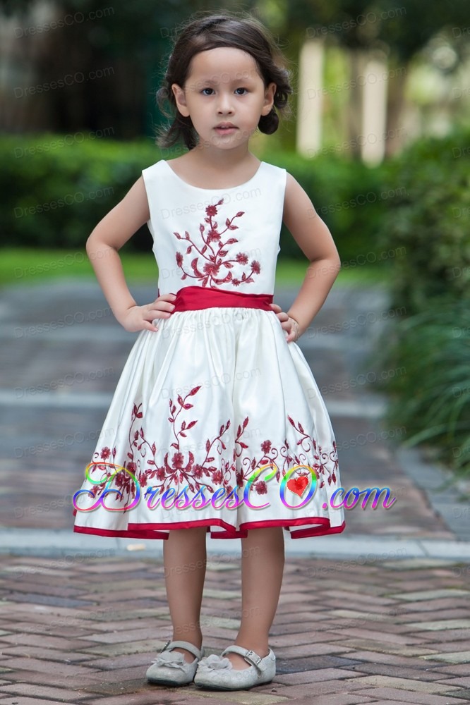 White And Red A-line Scoop Tea-length Taffeta Embroidery Flower Girl Dress
