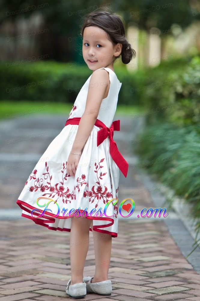 White And Red A-line Scoop Tea-length Taffeta Embroidery Flower Girl Dress