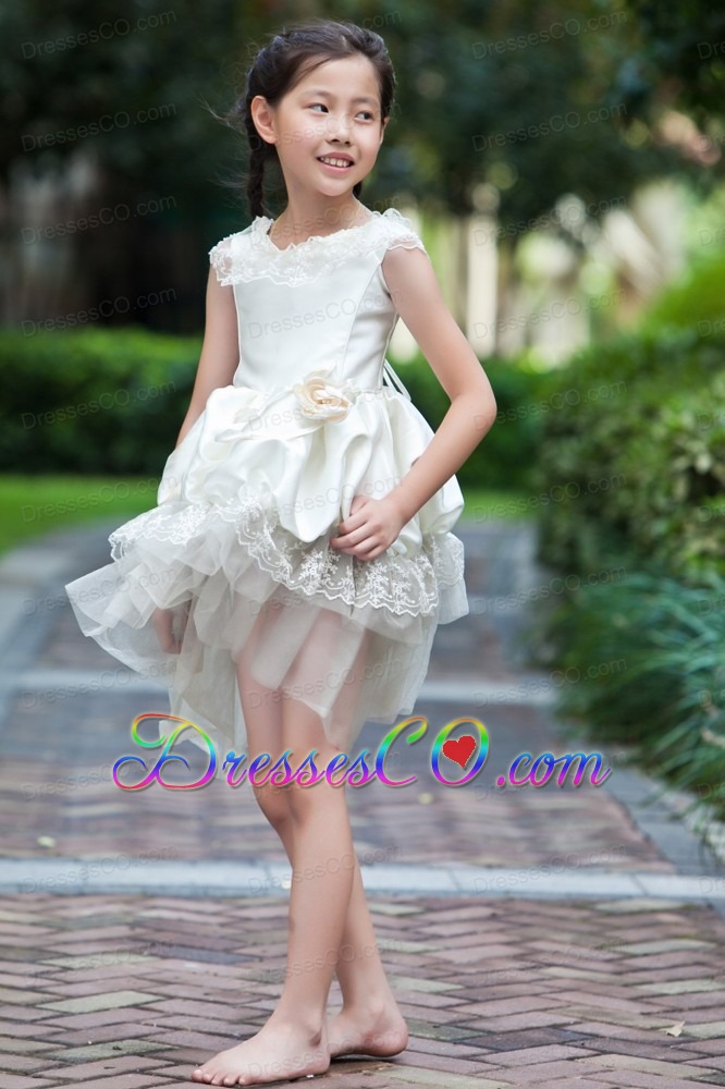 White A-line Scoop Mini-length Taffeta And Organza Hand Made Flowers Flower Girl Dress