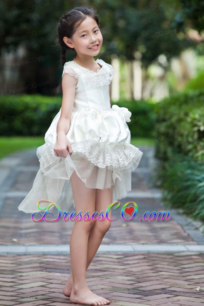 White A-line Scoop Mini-length Taffeta And Organza Hand Made Flowers Flower Girl Dress
