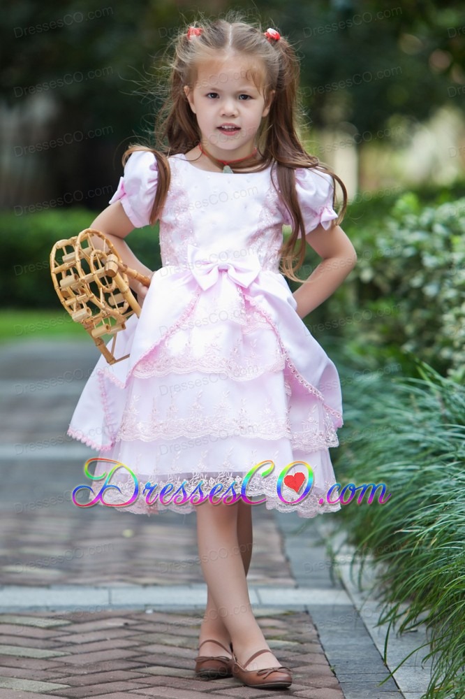 Baby Pink A-line Scoop Tea-length Taffeta And Lace Bow Flower Girl Dress